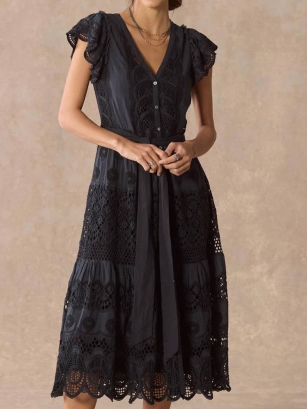 Sundance Black Eyelet Midi Dress with Tie Waist